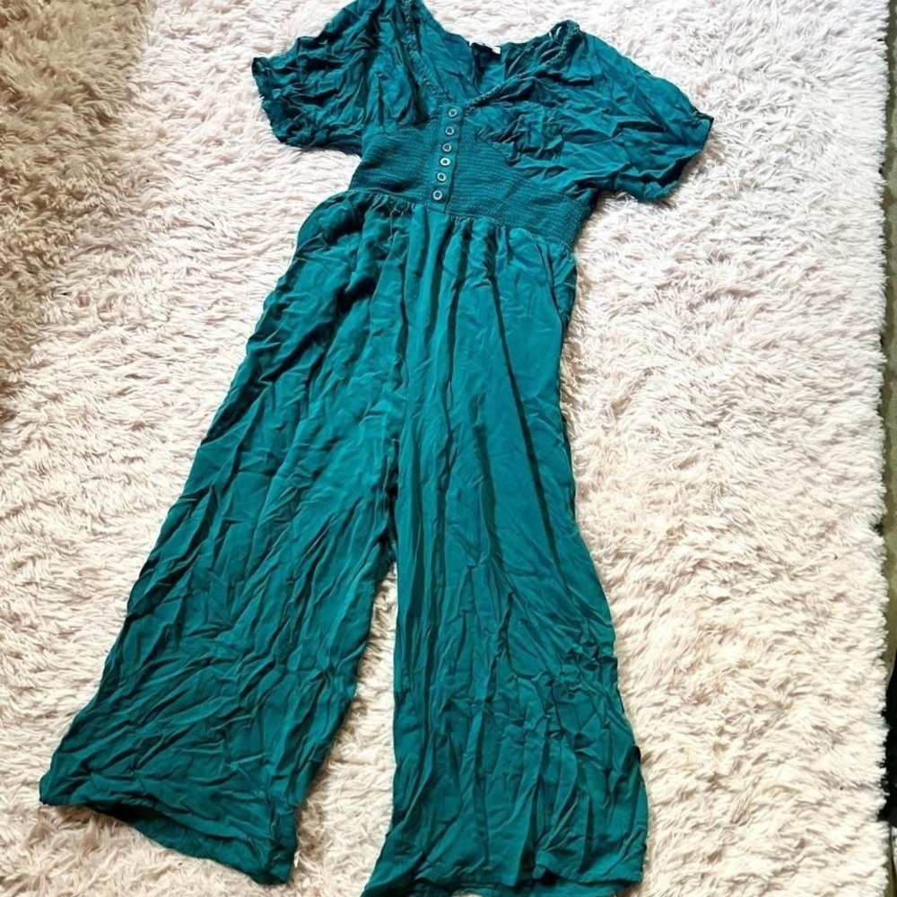 Milkmaid Smocked Cottage Core Minimalist Jewel Tone Wide Leg Jumpsuit Womens S